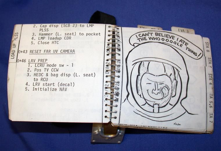 A cartoon of an astronaut eating a food stick on an Apollo 16 cuff checklist.