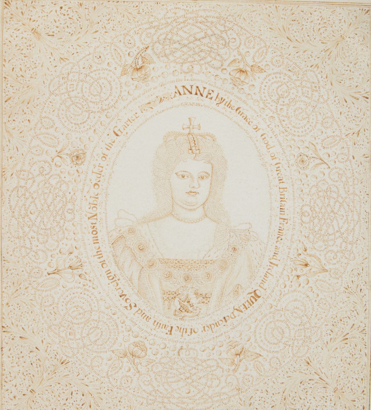 In this masterpiece by Buchinger, a portrait of Queen Anne is surrounded by three chapters from the Book of Kings.