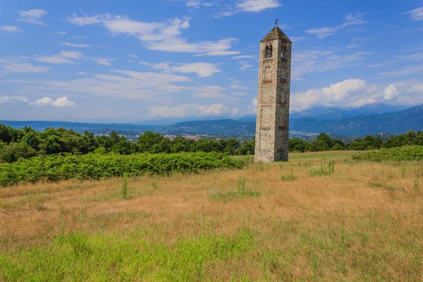 The solitary stone bell tower of Saint Martin.