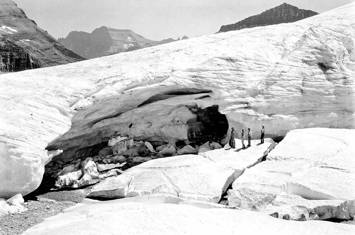 Boulder Glacier's ice cave, photographed in 1932, is now gone.