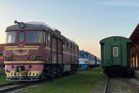 Collection of trains on display in the former rail yard.