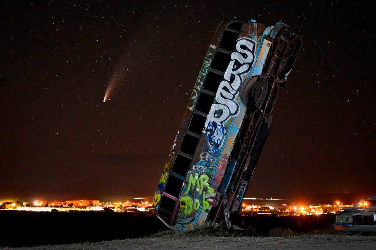 Artist Mark Rippie's International Car Forest of the Last Church, Goldfield, Nevada, July 18, 2020.