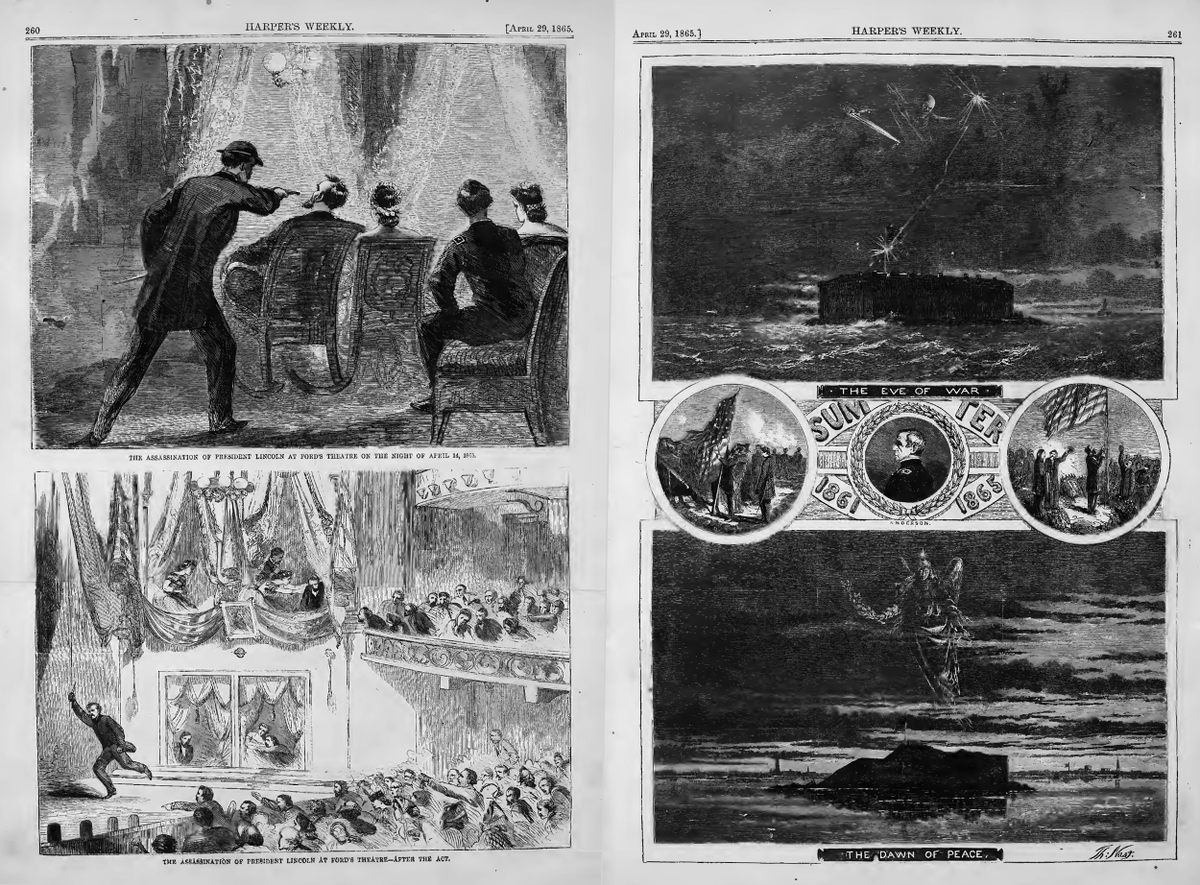 A spread from <em>Harper's Weekly</em> April 19, 1865, depicting the assassination of President Abraham Lincoln.