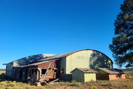 The back of the hangar at Red Butte Airfield.