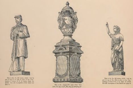 A soldier, an urn, and "Faith," all available from the 1882 Monumental Bronze Co. catalog.