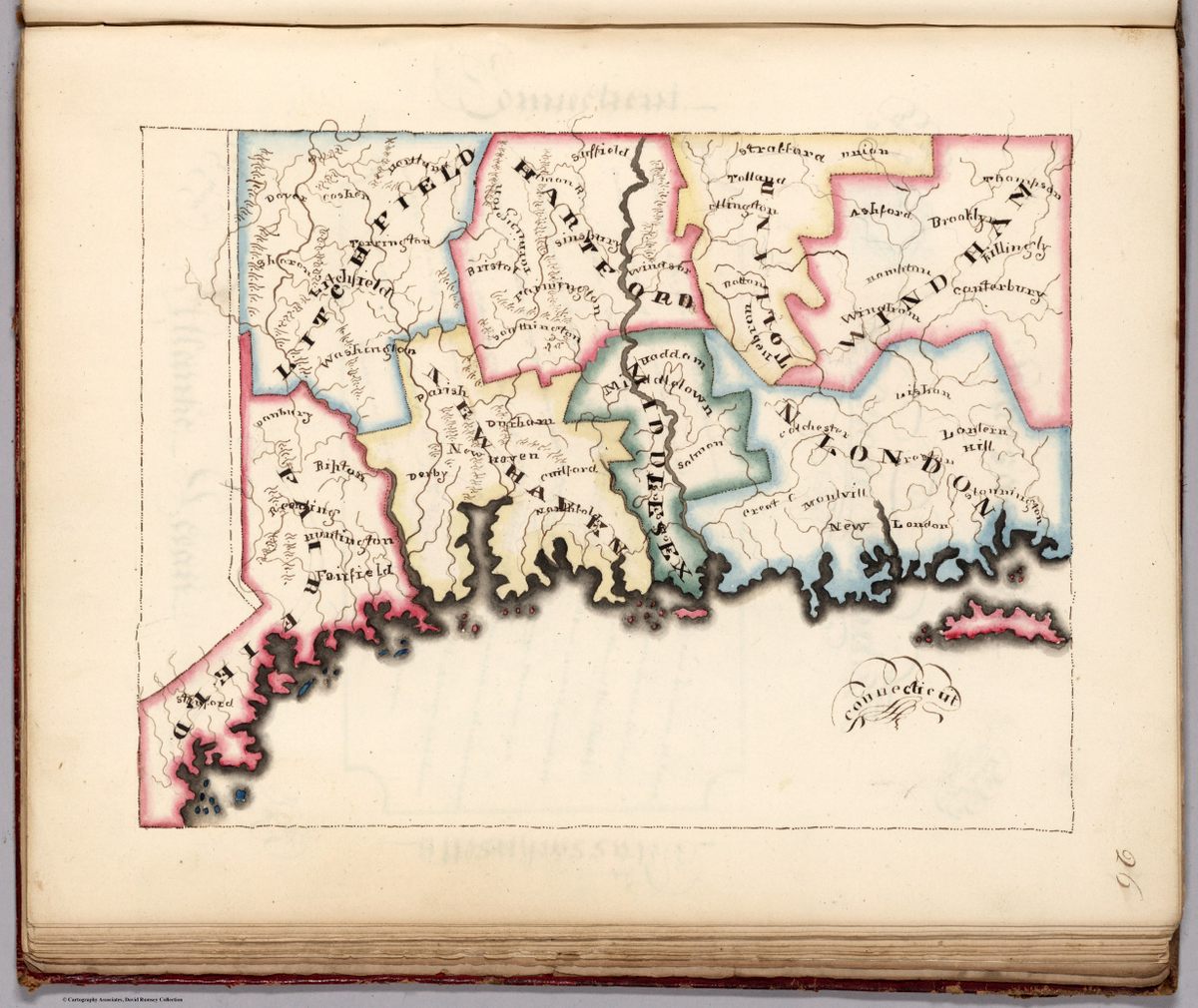 Harriet E. Baker's map of Connecticut, made in 1819, in Windsor, Vermont.