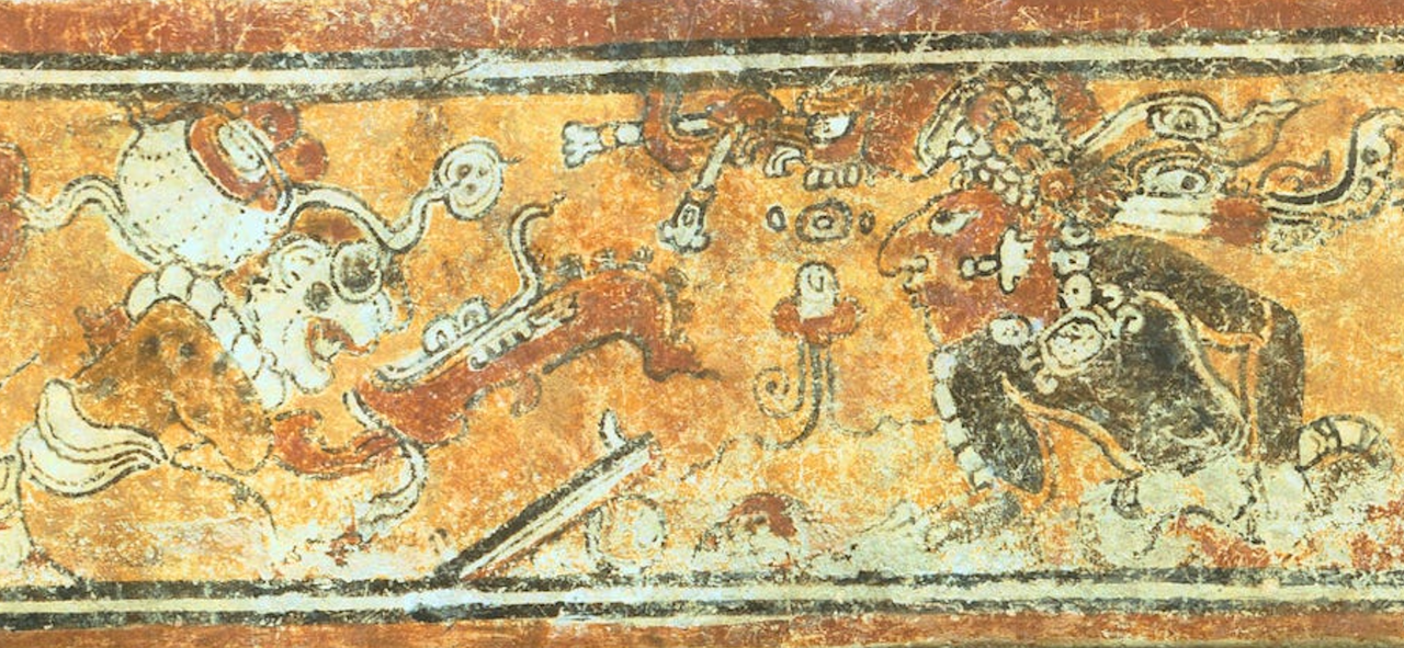 The Maya used mirrors as channels for supernatural communication. In this image, a supernatural creature speaks into a cracked, black mirror.