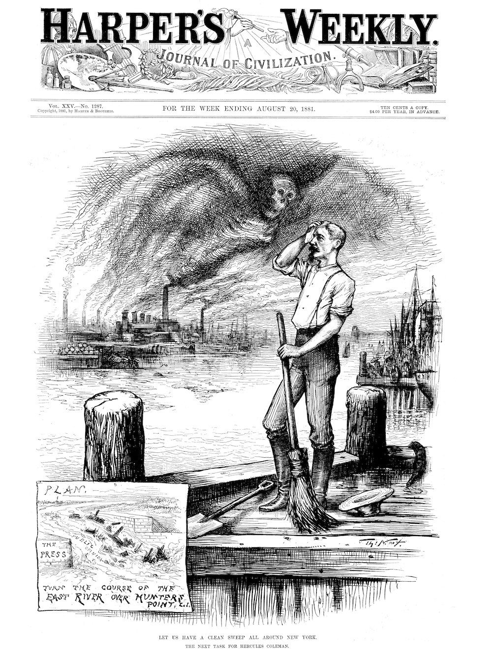 This 1881 cover from <em>Harper's Weekly</em> depicts bad smells as death itself, as the New York City street commissioner at the time, Thomas Coleman, tries to clean up.