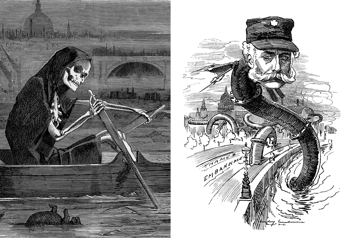 Cartoons provides comment on The Great Stink of 1858 (left), which helped push a revamp of the London sewers, led by civil engineer Joseph Bazalgette (right).