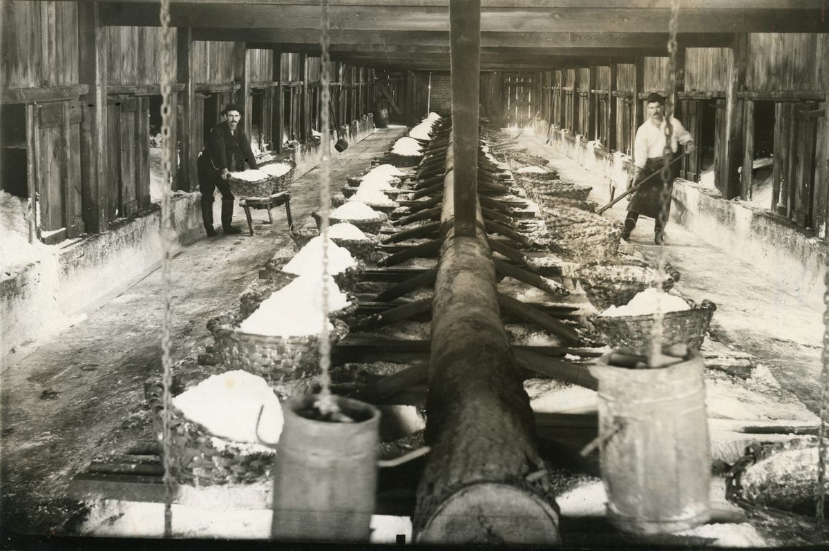 Boiling brine at the salt blocks, circa 1880.