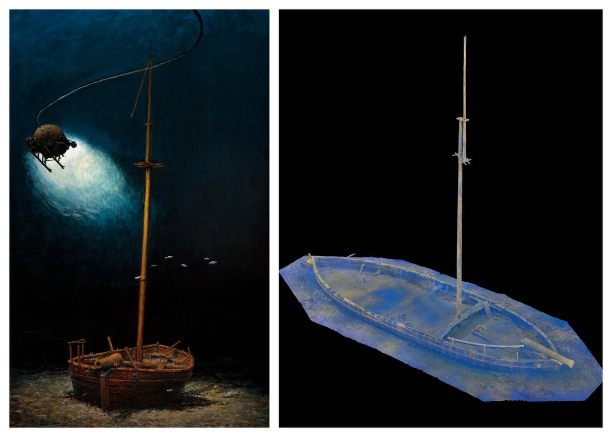 The <em>Spitfire</em> wreck was explored by a remotely operated vehicle (ROV), as rendered in a painting by Ernie Haas (left); the ROV took 30,000 high-resolution images that the team used to create a detailed 3D model (right).