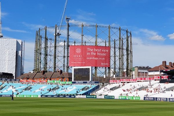 The Oval Cricket Ground in 2022 with the Oval Gasholder in the background (and with redevelopment taking place on the former gasworks site).