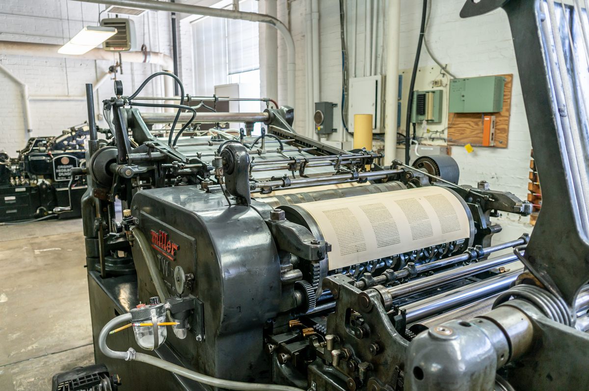 A relatively fancy later-era letterpress, this model can print two colors in a single pass on one side of a large sheet of paper.