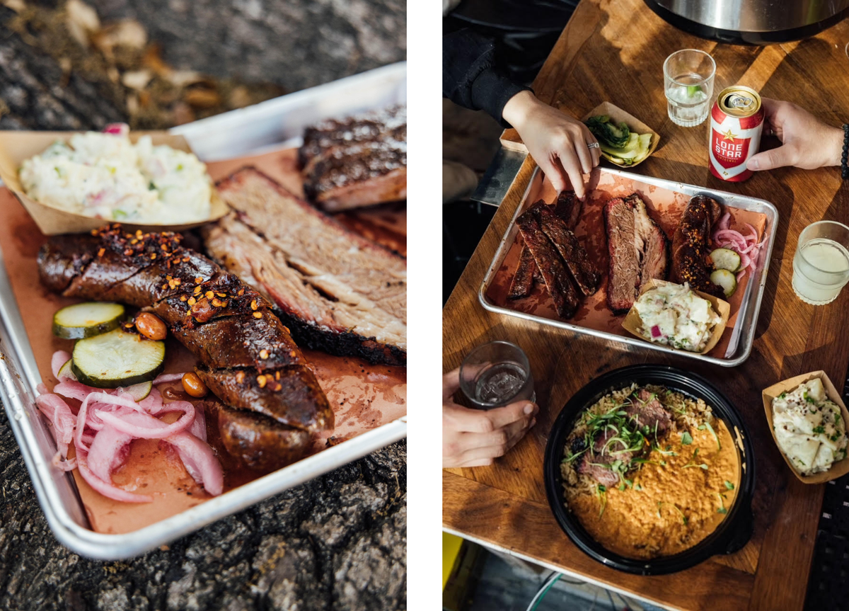At Houston’s Khói Barbecue, a full table includes spare ribs, brisket, a Sichuan fennel link, and smoked beef panang curry.