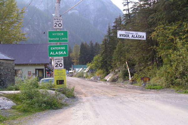 The border between Stewart, British Columbia and Hyder, as seen from the Canadian side.
