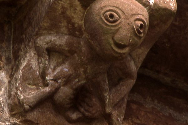 Sheela na gig carving at Church of St Mary and St David