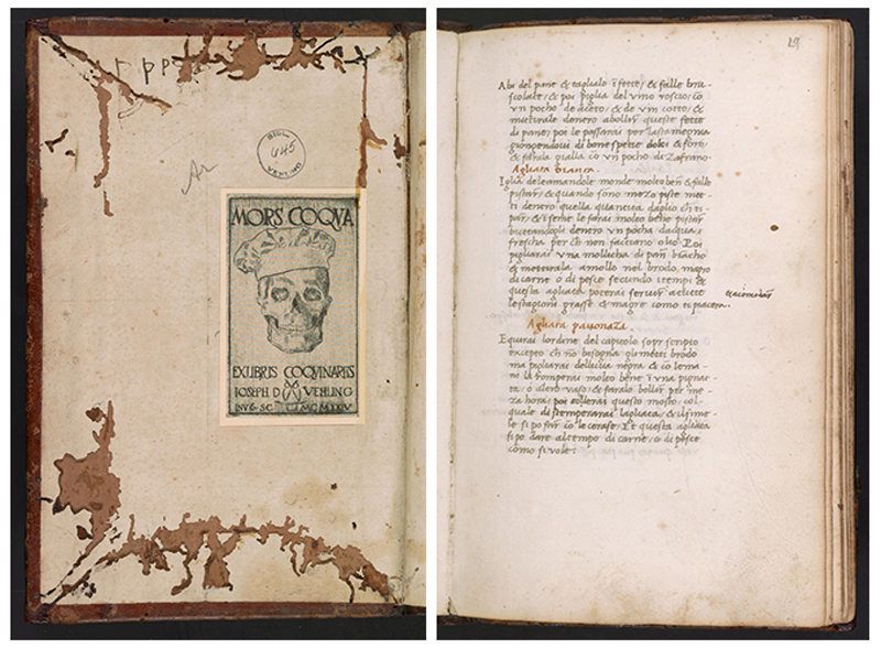 Recipe for “Agliata Bianca” from Maestro Martino’s <em>Libro de arte coquinaria</em> (c. 1400), and the book's inside front cover. 