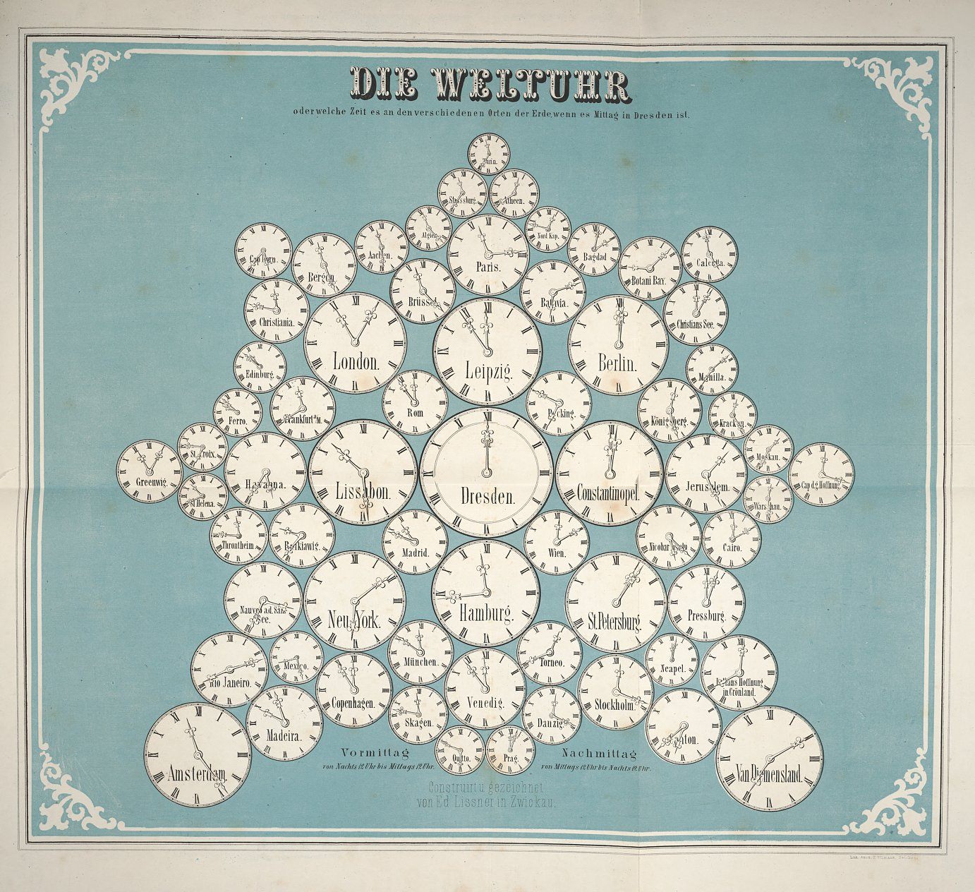 A snowflake of clocks illustrating world time zones, with Dresden at the center.