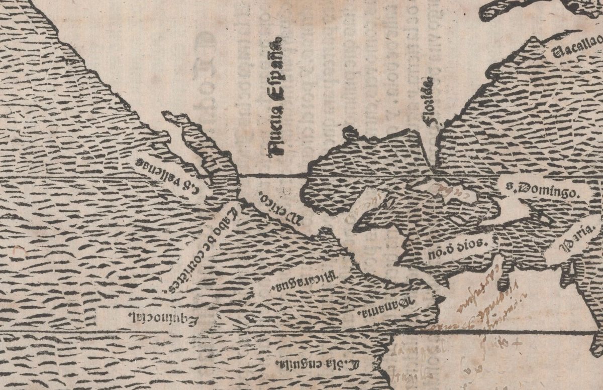 An early woodcut world map by Francisco Lopez de Gomara (Zaragoza, 1553). The oldest map in the McLaughlin Collection, it shows California nameless for now but with its correct, peninsular shape.