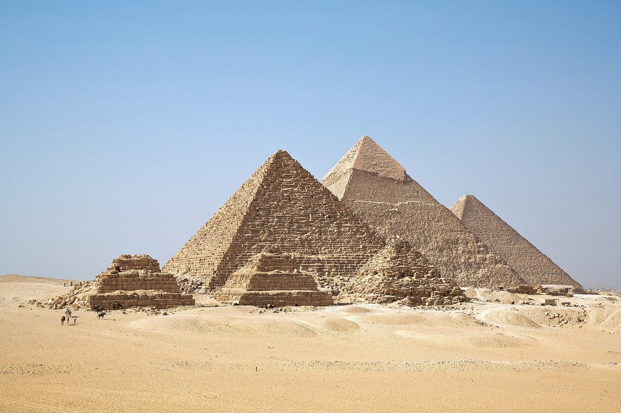 The three main pyramids at Giza, Egypt, together with subsidiary pyramids and the remains of other structures at the Giza pyramid complex.