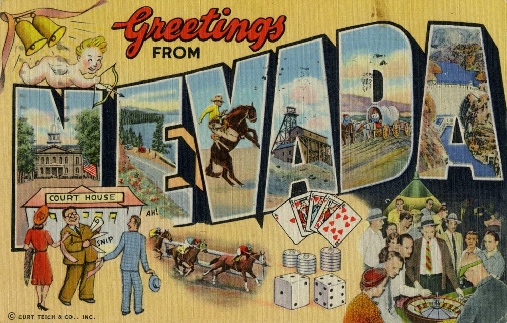 A postcard from 1945 illustrates numerous delights to be found in a mid-century Nevada, but offers no advice on pronunciation. 