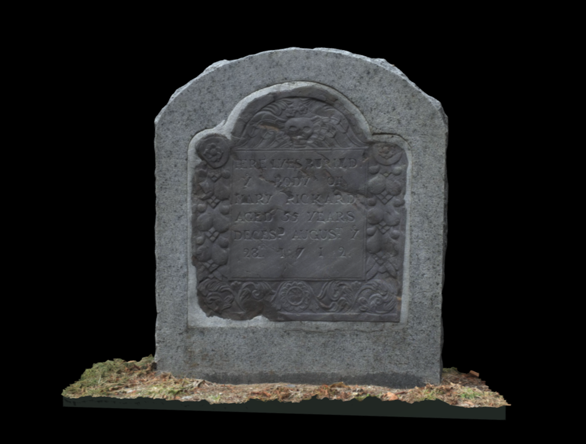 The digitized gravestone of Mary Rickard at Burial Hill in Plymouth, Massachusetts.