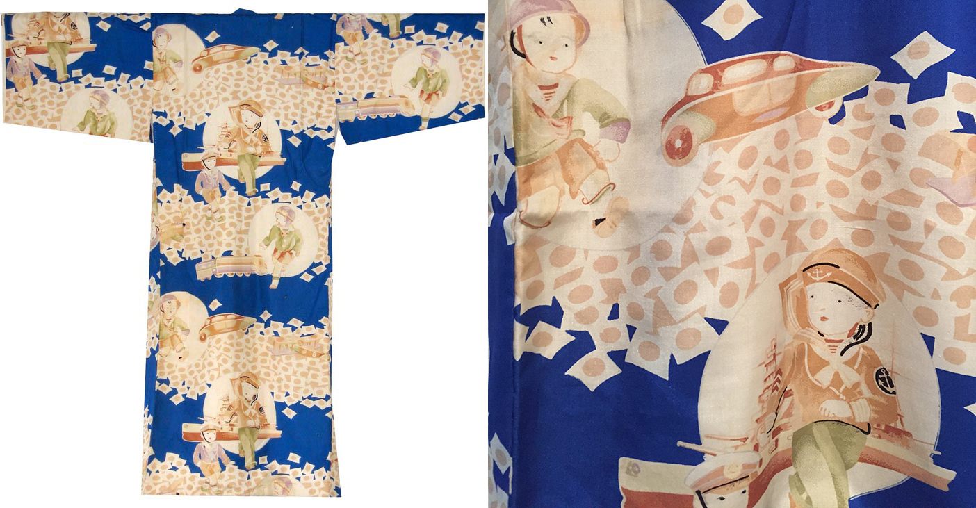 A boy's kimono, left, and close-up, right, of the print showing a streamlined car, c. 1934. 