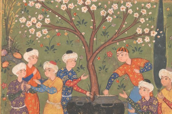 A group preparing a noonday meal in the 16th century. 