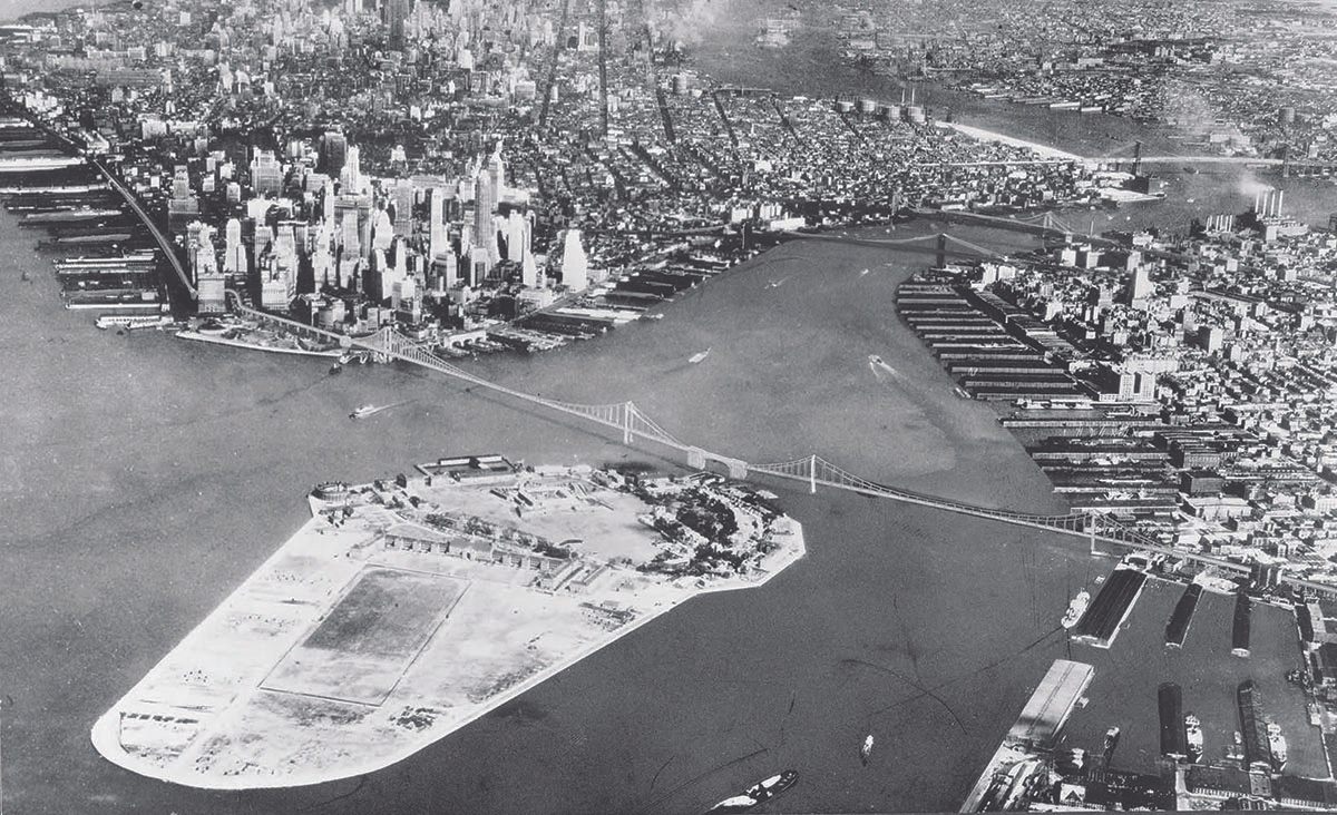 A photo-montage of the 1939 proposal by Robert Moses and Othmar Ammann for the Brooklyn-Battery Bridge.