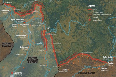 Map showing the location of the Rhaetian and Upper Germanic Limes