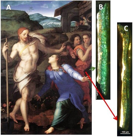 Microsamples taken from Bronzino's painting,<em>Noli me tangere</em> show vastly different levels of deterioration.