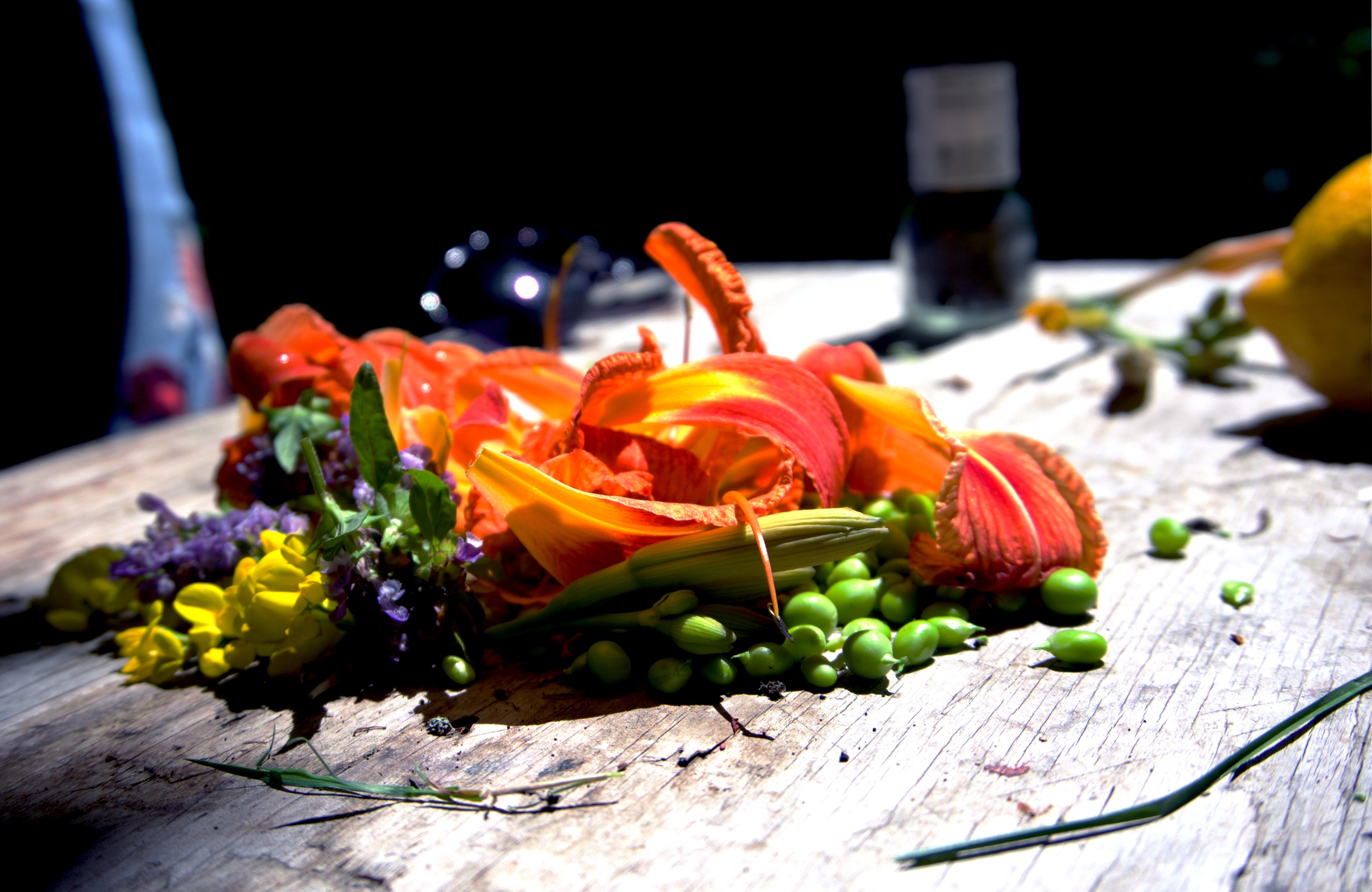 Yellow nasturtiums, wild chive flowers, and tiger-lilies that Francis gathered for the meal.