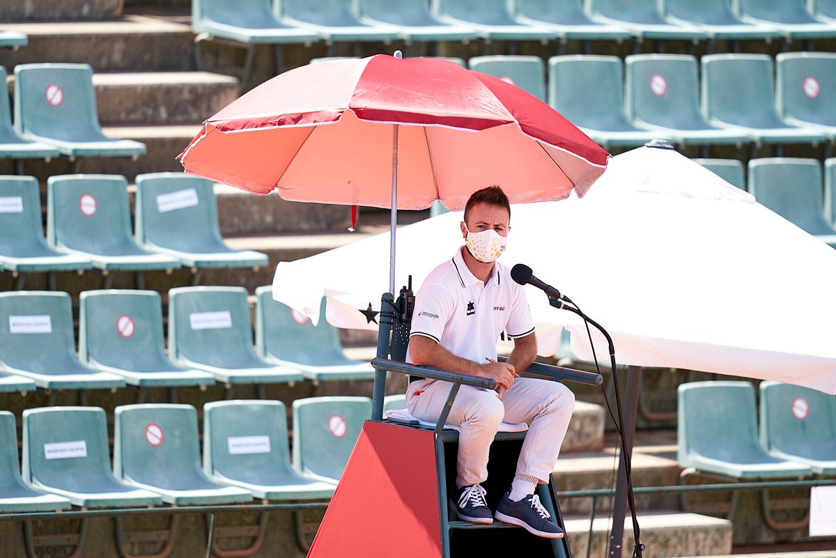 A chair umpire wears a mask during a July 2020 professional match in Barcelona.