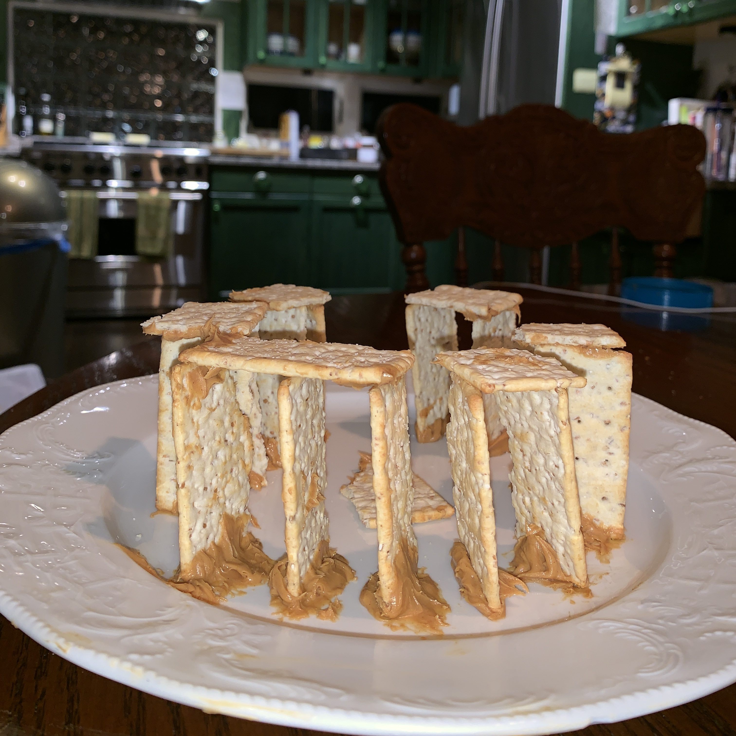 Hetty McMillan in Old Greenwich, Connecticut, found that peanut butter is a pretty good glue for crackers.