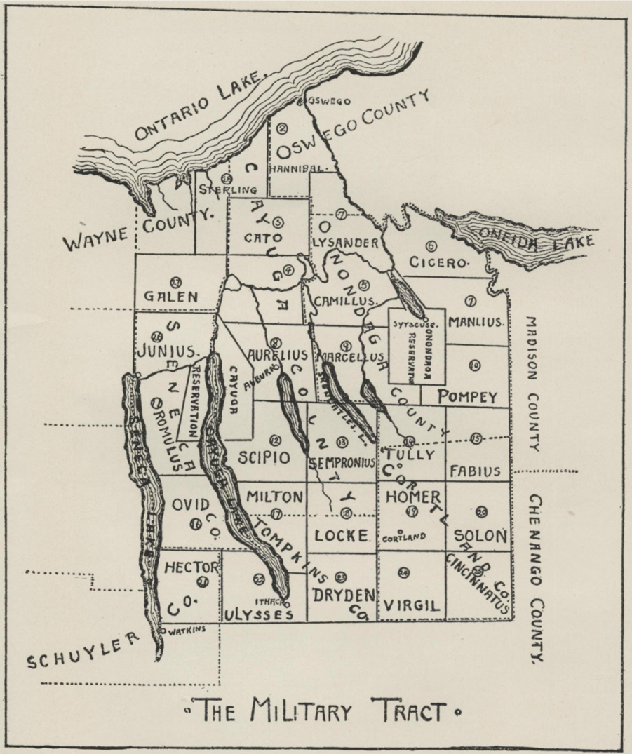 An early map from the Military Tract shows the classic names chosen for its cities, as well as the two tiny reservations reserved for the Cayuga and Onondaga tribes. 