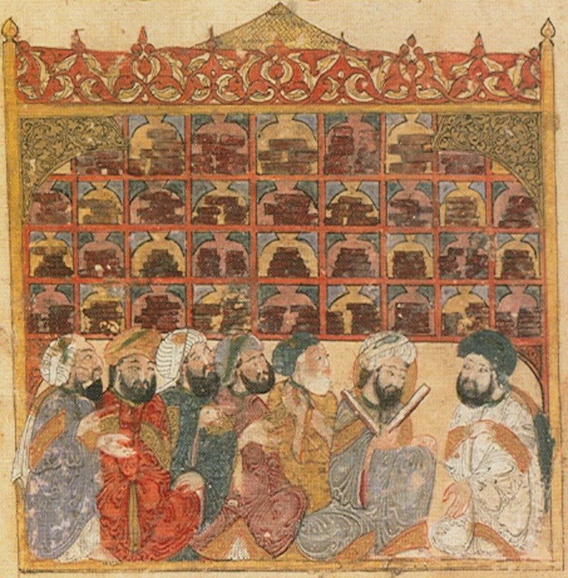 Scholars gather to read and do research at an Abbasid library around the 13th century.