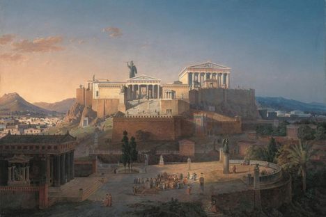 An 1864 painting of the Acropolis in Athens, where the pharmakos ritual became an annual event.