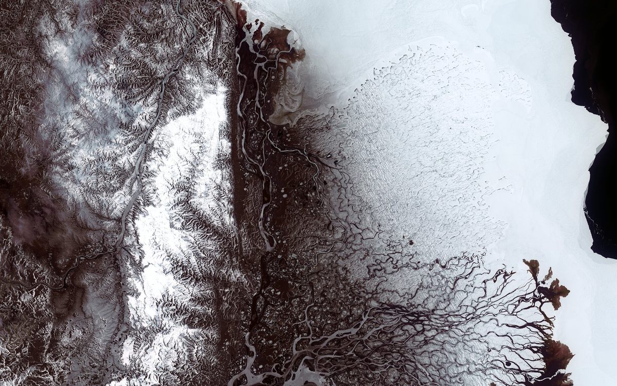 The Lena River Delta in spring, when snowmelt brings floodwaters to the ice-bound delta.
