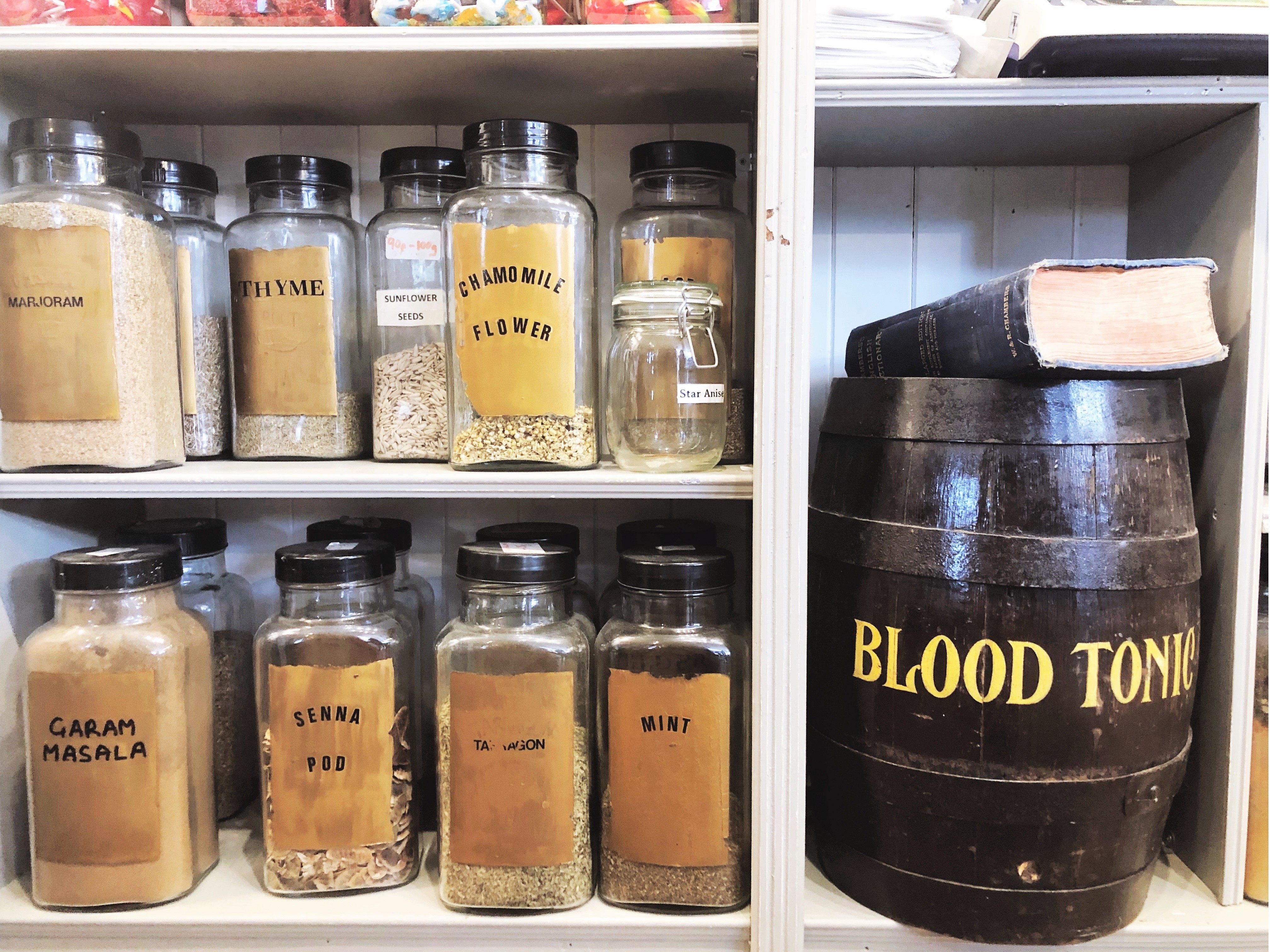 Old-time containers for cordials and blood tonic still decorate the interior of Mr Fitzpatrick's.