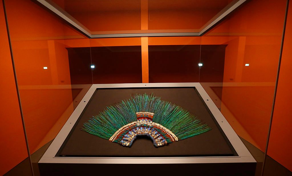 The headdress on display at the Museum of Ethnology, Vienna. 