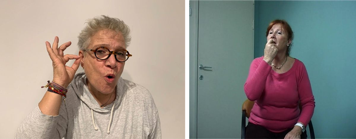 Lanesman signs "hearing person" in ISL (left); a study participant signs the same term in AJSL sign.
