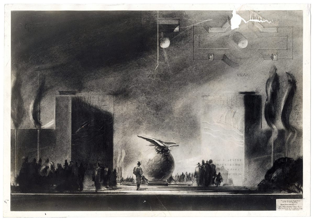 Minoru Yamasaki's entry for the 29th Lloyd Warren Fellowship, Paris Prize in Architecture, <em>The Entrance to a Marine Exhibit for the 1939 Fair</em>, 1936.
