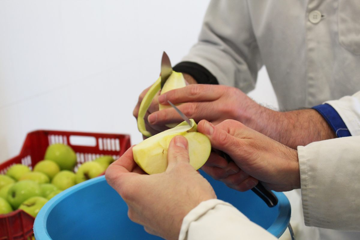 Father Diego and Brother Antonio Manuel peel apples for the jam.