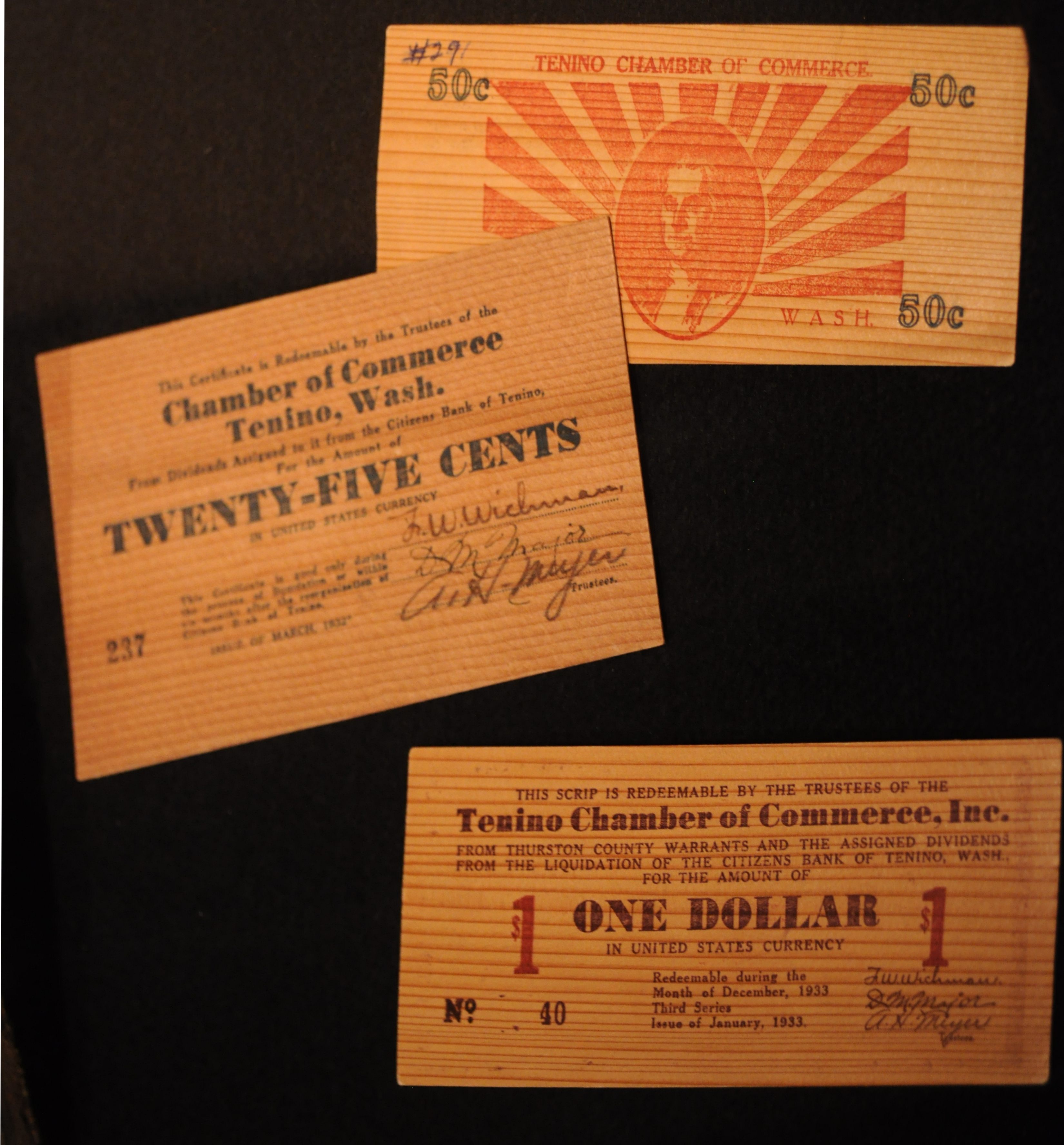 Western Community uses Wooden Money as Bank Fails,1932,Clarence Dill,Tenino 