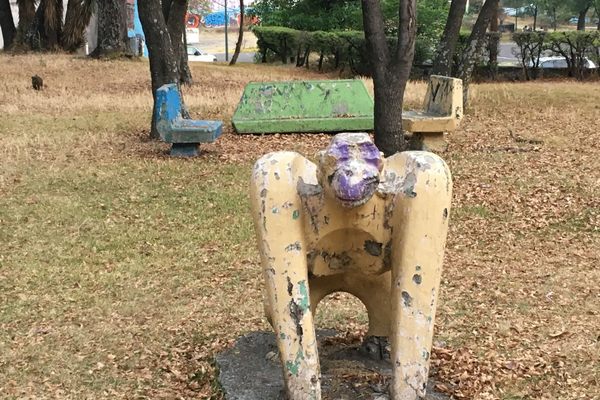 Abandoned concrete animal play sculptures.