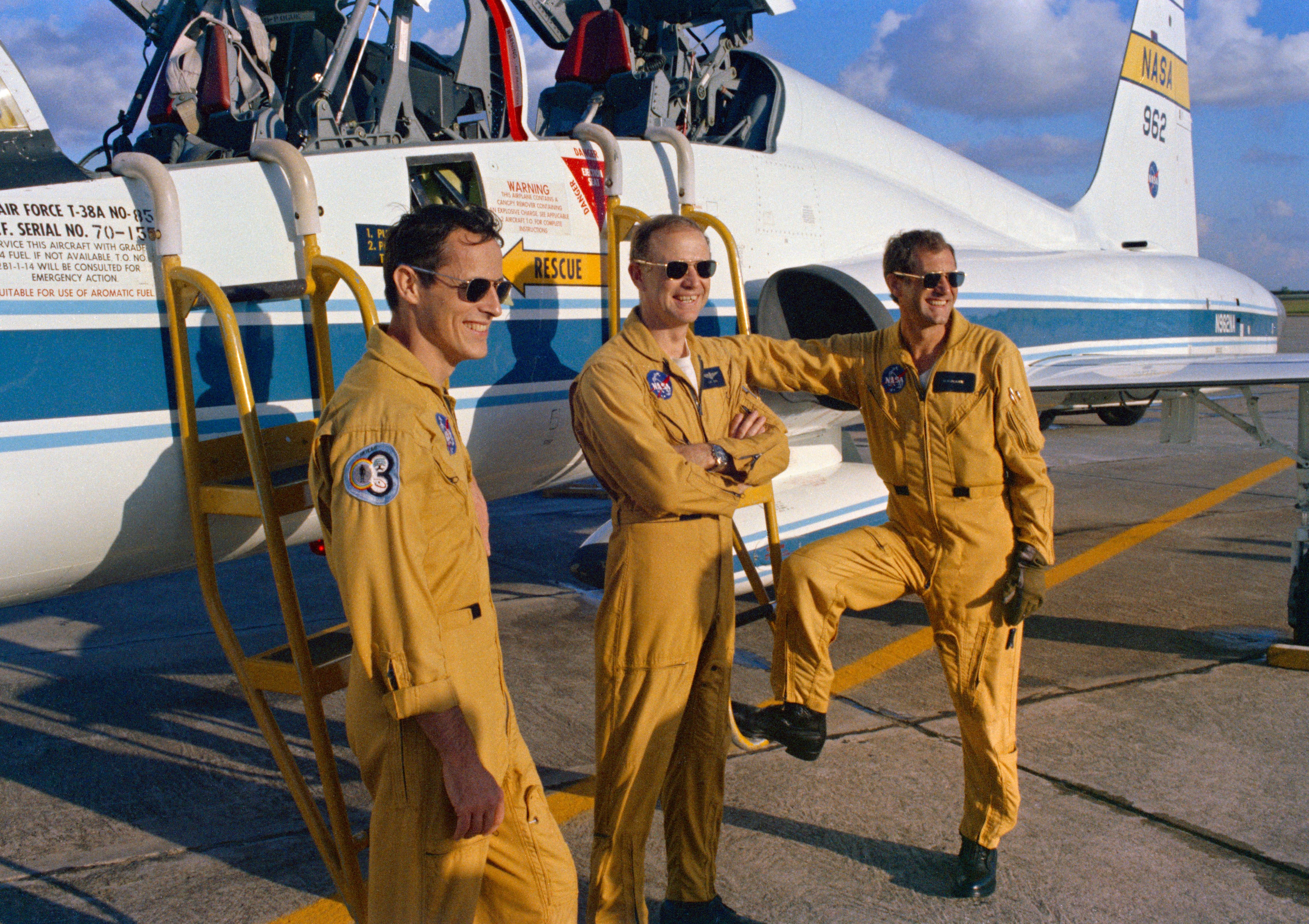 From left to right: Edward Gibson, Gerald Carr, and William Pogue prepare to fly to Cape Canaveral to take off for Skylab.