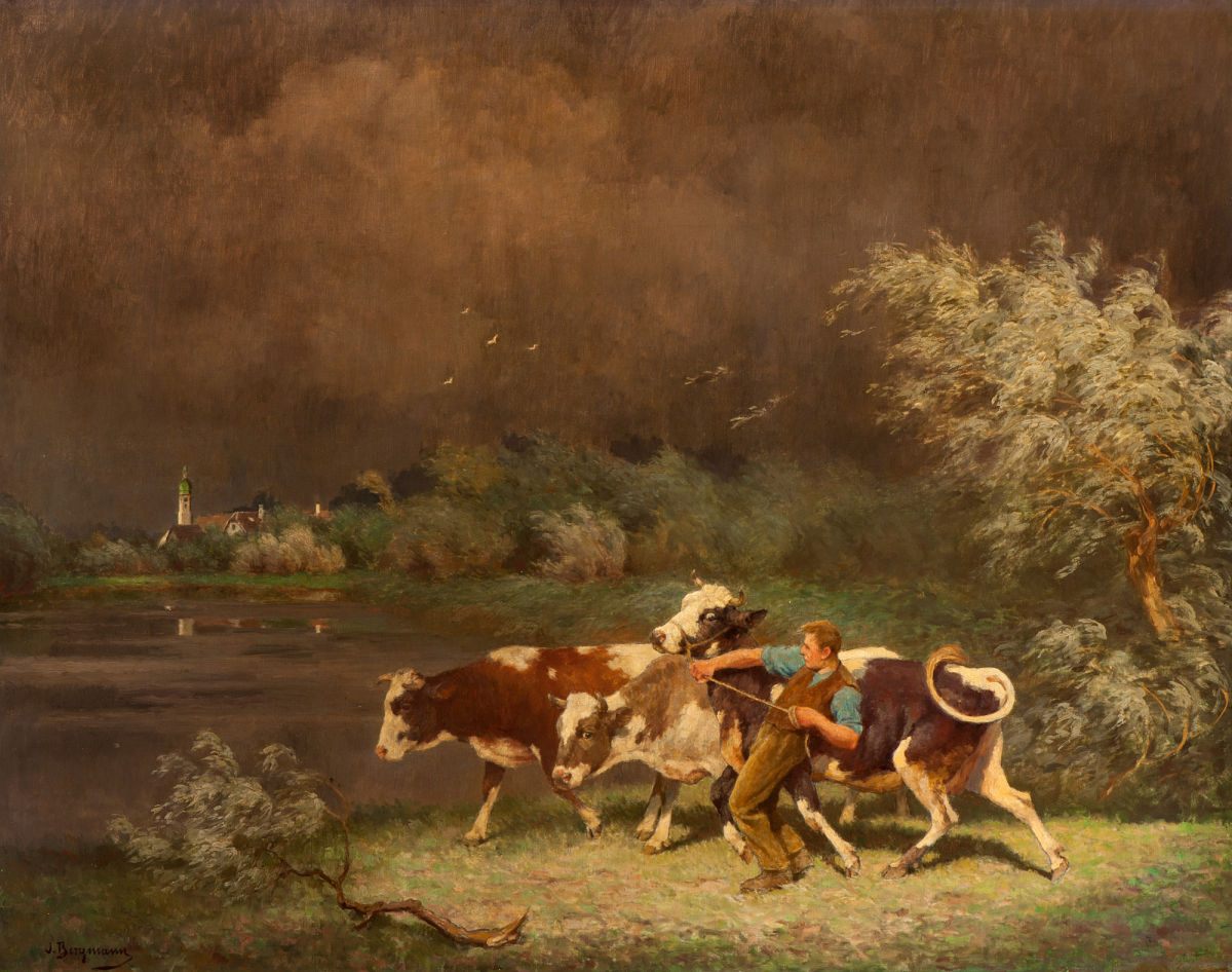 <em>Approaching Storm</em> by German landscape painter Julius Bergmann shows a cowherd bringing his animals to shelter.