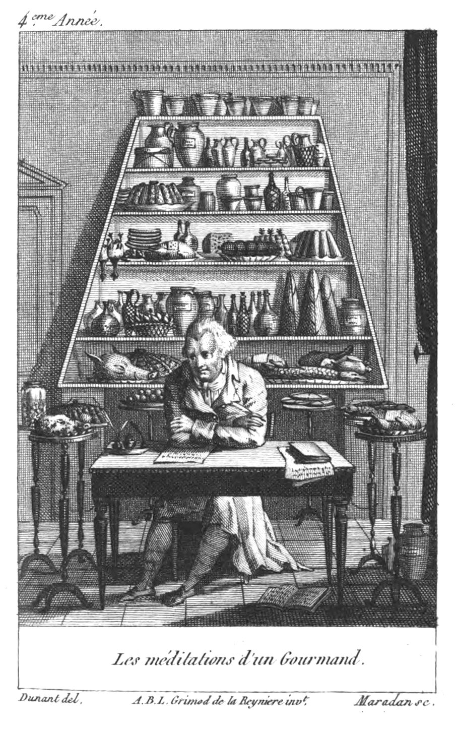 The cover page of Grimod de La Reynière's book shows its author musing on gastronomy.