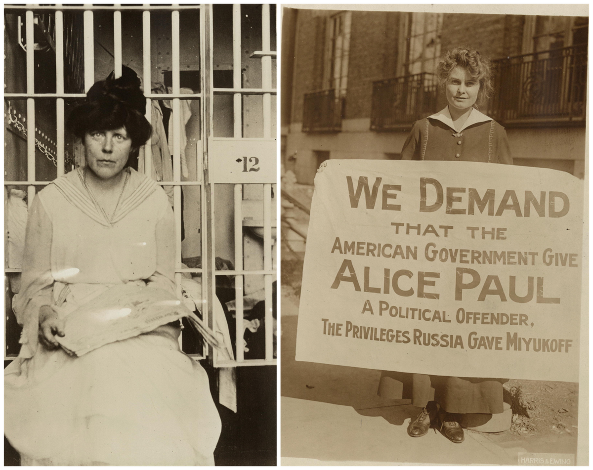 Suffragist Lucy Burns in Occoquan Workhouse, where the silent sentinels were incarcerated and attacked (left); Lucy Branham holds a sign demanding that imprisoned activists, including Alice Paul, be treated as political prisoners (right).