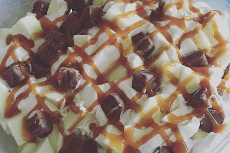 Snickers salad, drizzled with caramel.